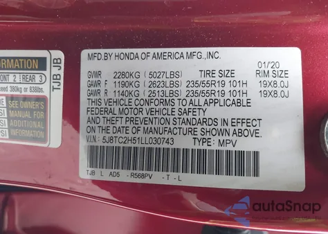 2020 Acura Rdx Technology Package z USA, uszkodzony, nr VIN 5J8TC2H51LL030743